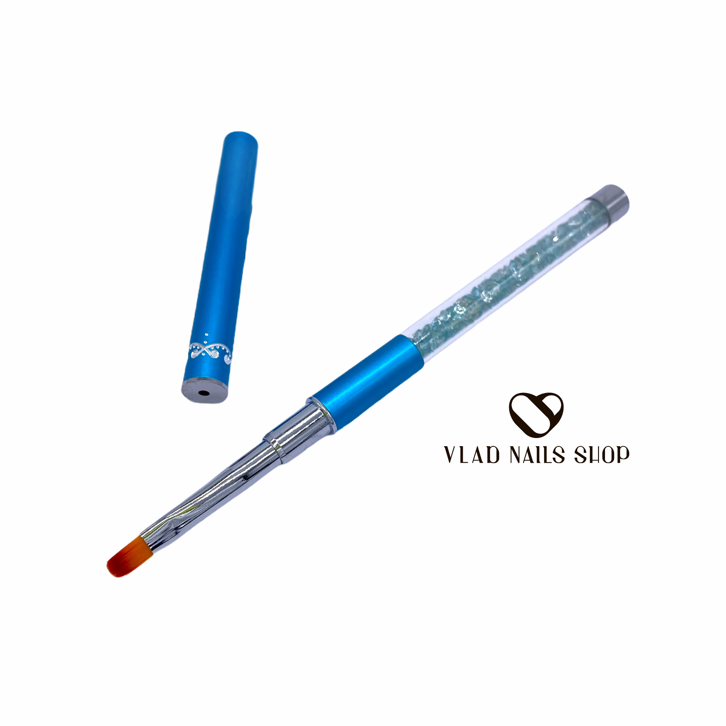 Кисть для геля овальная голубая ручка с кристаллами №6