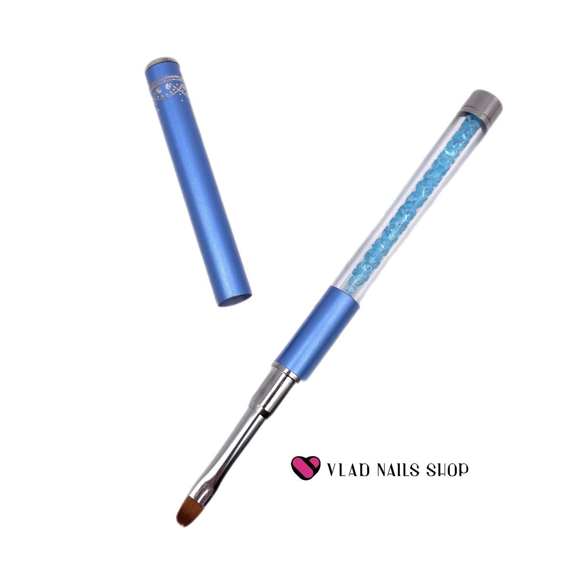 Кисть для геля овальная голубая ручка с кристаллами №4 