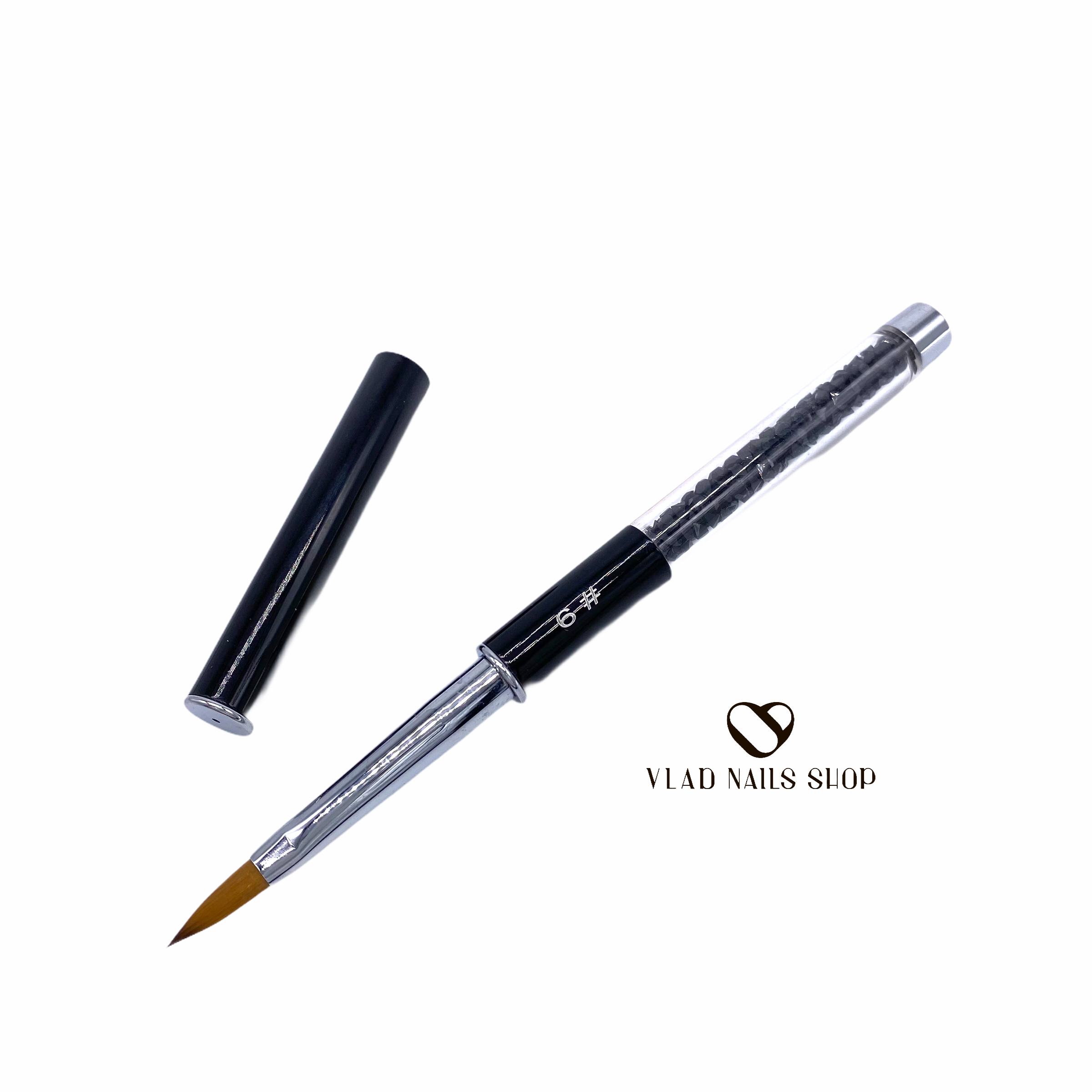 Кисть для акрила черная ручка с черными кристаллами №6  